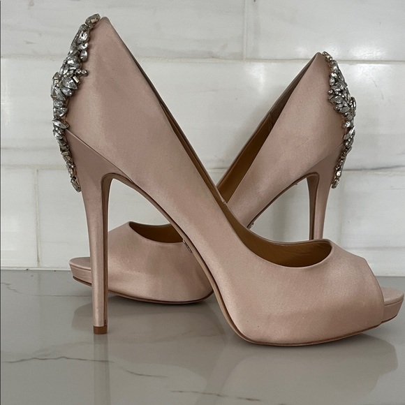 Badgley Mischka Kiara Satin Rhinestone Embellished Nude Heels - Picture 5 of 13